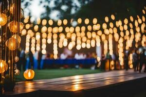 une en bois étape avec chaîne lumières et gens à une mariage. généré par ai photo