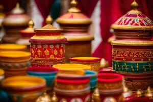 coloré des pots et des vases sont affiché sur une tableau. généré par ai photo