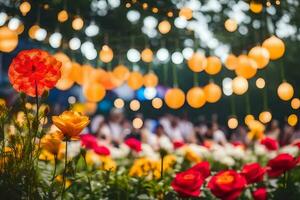 fleurs et lumières dans le jardin. généré par ai photo