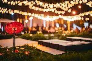 une rouge ventilateur est séance sur le herbe à nuit. généré par ai photo