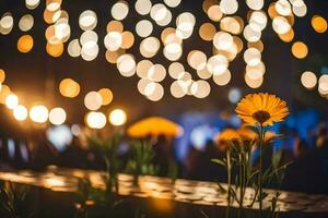 une fleur est dans de face de une foule de gens à nuit. généré par ai photo