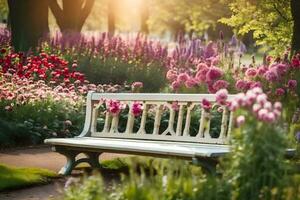 une banc dans une jardin entouré par fleurs. généré par ai photo