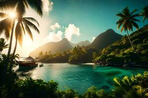 le Soleil brille sur le tropical île avec paume des arbres et une bateau. généré par ai photo