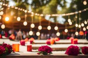 rouge fleurs et bougies sont arrangé sur en bois les tables. généré par ai photo