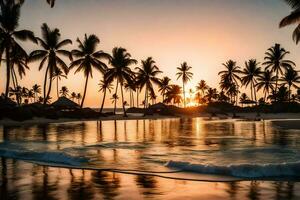 le Soleil ensembles plus de le plage et paume des arbres. généré par ai photo