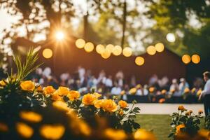 Jaune fleurs dans le parc à le coucher du soleil. généré par ai photo