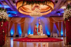 Indien mariage la cérémonie à le grandiose salle de bal. généré par ai photo