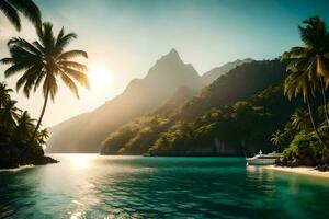 une bateau dans le océan avec paume des arbres et montagnes. généré par ai photo