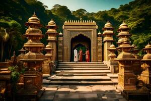 une groupe de gens permanent dans de face de une temple. généré par ai photo