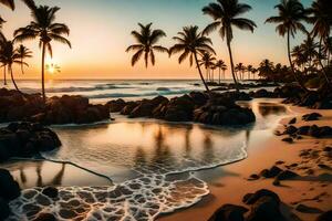 le plage et paume des arbres à le coucher du soleil. généré par ai photo