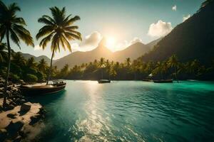 une tropical île avec paume des arbres et bateaux. généré par ai photo