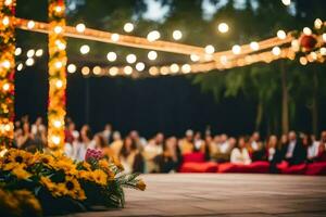 Indien mariage la cérémonie avec lumières et fleurs. généré par ai photo