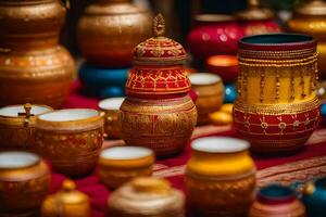 beaucoup coloré des pots et des vases sont sur afficher. généré par ai photo