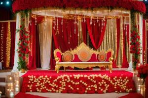 une rouge et or mariage étape avec une or canapé. généré par ai photo