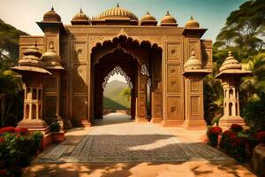 le entrée à une palais dans Inde. généré par ai photo