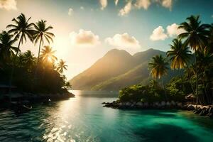 une tropical île avec paume des arbres et l'eau. généré par ai photo