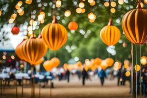 Jaune lanternes pendaison de des arbres dans une parc. généré par ai photo