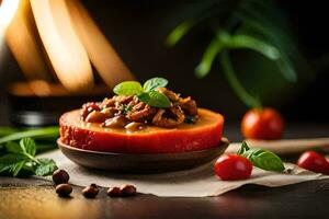 une tomate avec Viande et herbes sur une plaque. généré par ai photo