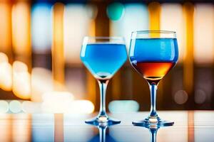 deux des lunettes de du vin avec bleu et rouge liquide. généré par ai photo