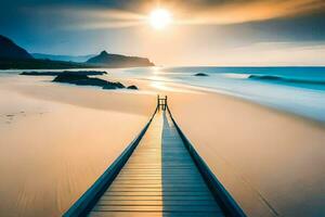 une en bois passerelle pistes à le océan à le coucher du soleil. généré par ai photo