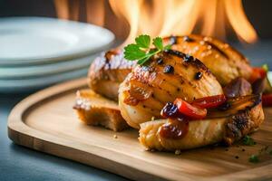 grillé poulet sur une en bois Coupe planche avec Feu dans le Contexte. généré par ai photo