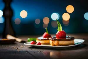 deux desserts sur une assiette avec baies et Chocolat. généré par ai photo