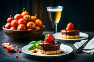 une assiette de dessert avec des fraises et une verre de Champagne. généré par ai photo