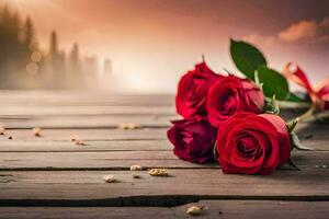des roses sur une en bois table avec une le coucher du soleil dans le Contexte. généré par ai photo
