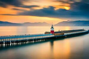 une longue exposition photo de une phare sur le l'eau. généré par ai