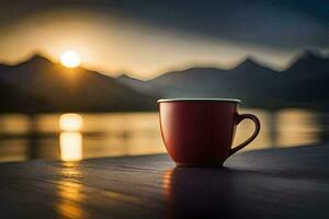 une rouge café tasse est assis sur une en bois table dans de face de une lac. généré par ai photo