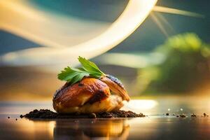 une poulet est séance sur Haut de une assiette avec herbes. généré par ai photo