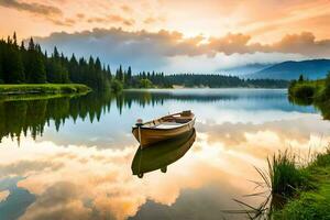 une bateau est assis sur le calme l'eau de une lac. généré par ai photo