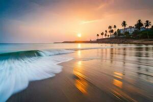 le Soleil ensembles plus de le océan et vagues à le plage. généré par ai photo
