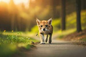 une petit chien en marchant vers le bas une chemin dans le les bois. généré par ai photo