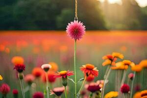 une fleur est pendaison de une chaîne dans une champ. généré par ai photo