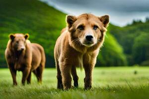 deux marron chiens sont permanent dans le herbe. généré par ai photo