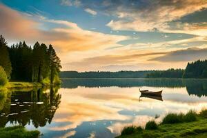 le bateau sur le Lac à le coucher du soleil. généré par ai photo