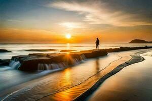 une homme des stands sur le plage à le coucher du soleil. généré par ai photo