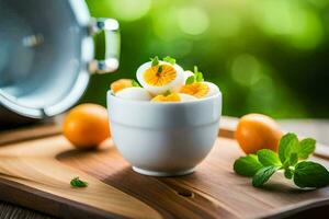 une bol de des œufs et des oranges sur une Coupe planche. généré par ai photo