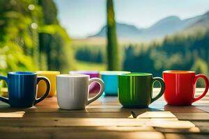 coloré café tasses sur une en bois tableau. généré par ai photo