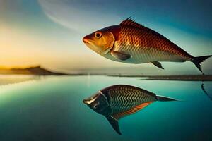 deux poisson nager dans le l'eau à le coucher du soleil. généré par ai photo