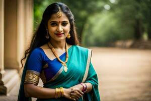 une magnifique femme dans une bleu sari. généré par ai photo