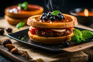 une sandwich avec myrtilles et Viande sur une plaque. généré par ai photo