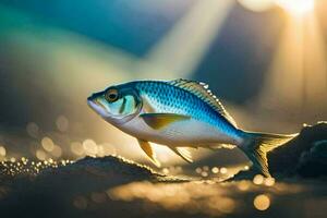 une poisson est permanent sur le plage avec lumière du soleil brillant. généré par ai photo