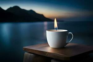 une tasse de café sur une en bois table avec une allumé bougie. généré par ai photo