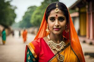 une femme dans traditionnel sari pose pour une portrait. généré par ai photo