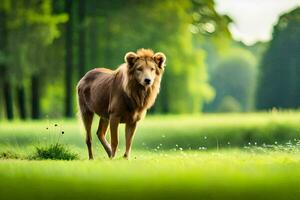 une Lion est en marchant par une herbeux champ. généré par ai photo