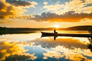 une homme dans une canoë est assis sur le Dock à le coucher du soleil. généré par ai photo