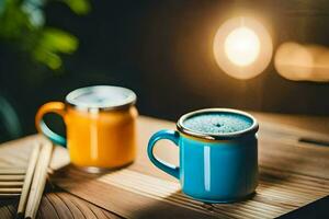 deux coloré des tasses sur une en bois tableau. généré par ai photo