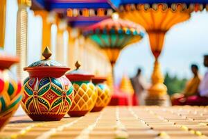 coloré des vases sur une en bois tableau. généré par ai photo